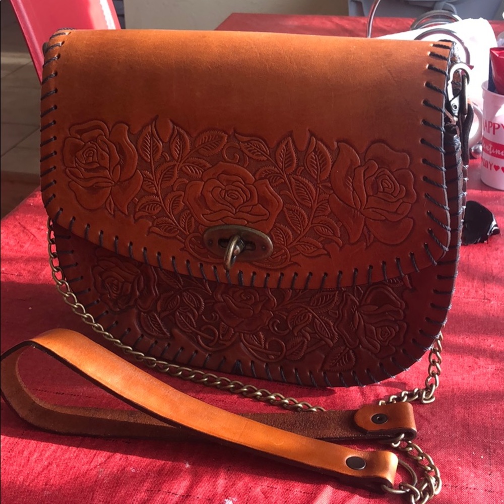 Learher hand tooled crossbody bag